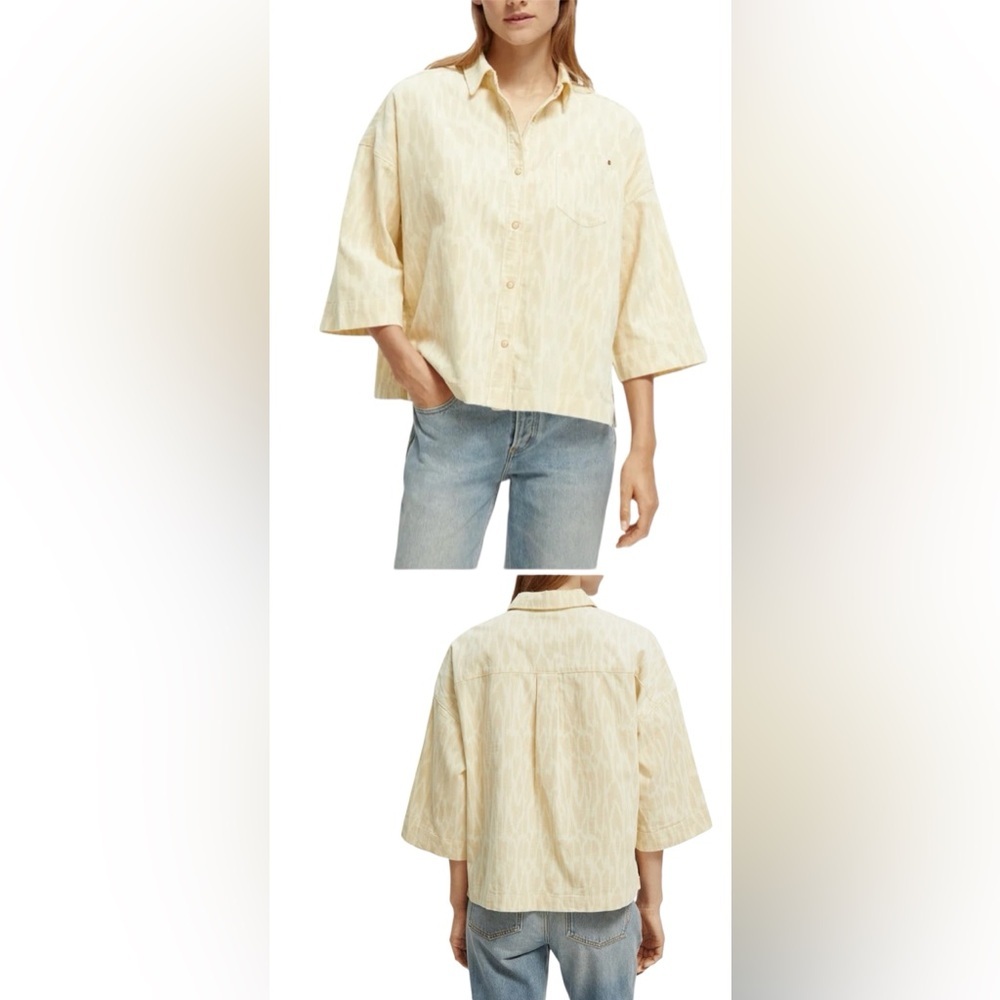 Scotch & Soda Women’s Beige Button-Up Shirt Ikat Pattern Short Sleeve Casual XL